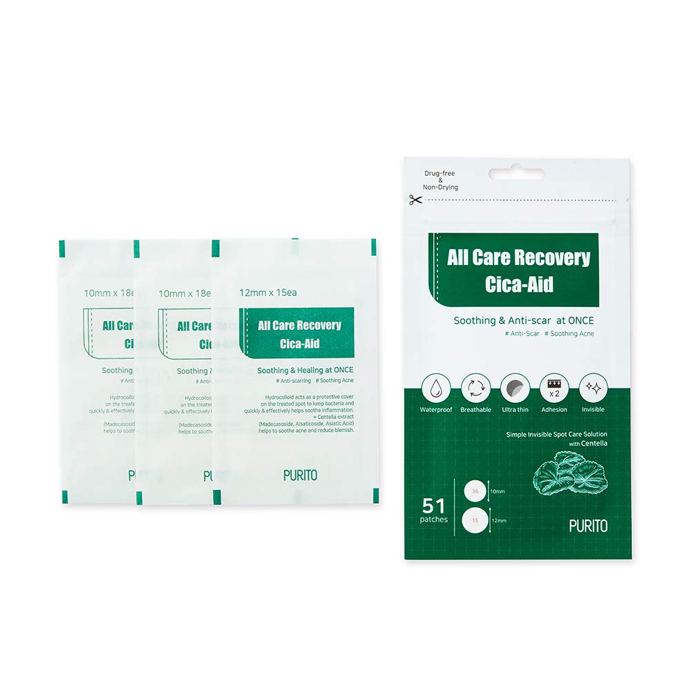 PURITO All Care Recovery Cica-Aid 51 Patches, Blemish Spot, Acne Pimple spot treatment, Hydrocolloid Dots, Acne Patch, Pimple Master, Absorbing Cover, Centella, Invisible, Healing Patch, Non-drying, Pimple Patches