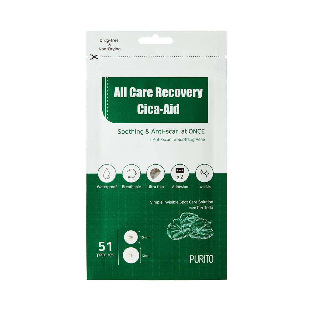 PURITO All Care Recovery Cica-Aid 51 Patches Pack of 2, Blemish Spot, Acne Pimple spot treatment, Hydrocolloid Dots, Acne Patch, Pimple Master, Absorbing Cover, Centella, Invisible, Healing Patch, Non-drying, Pimple Patches