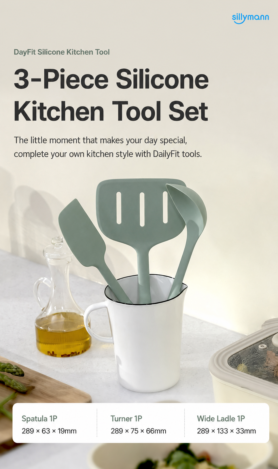 Sillymann Pack of 3 Dayfit Silicone Cooking Utensils - Ladle, Wide Turner & Spatula for Nonstick Cookware