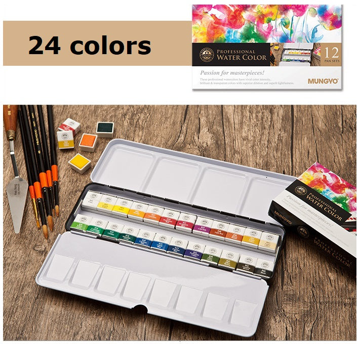 Mungyo Professional Half Pan Size Water Colors Set in Tin Case/Integral Mixing Palette in The lid 24 Colors