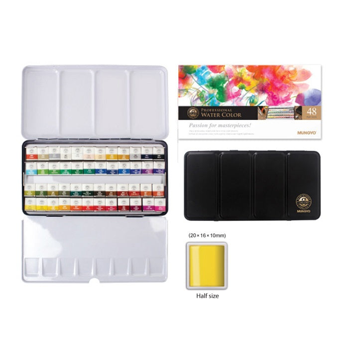 Mungyo Professional Half Pan Size Water Colors Set in Tin Case/Integral Mixing Palette in The lid 48 Colors