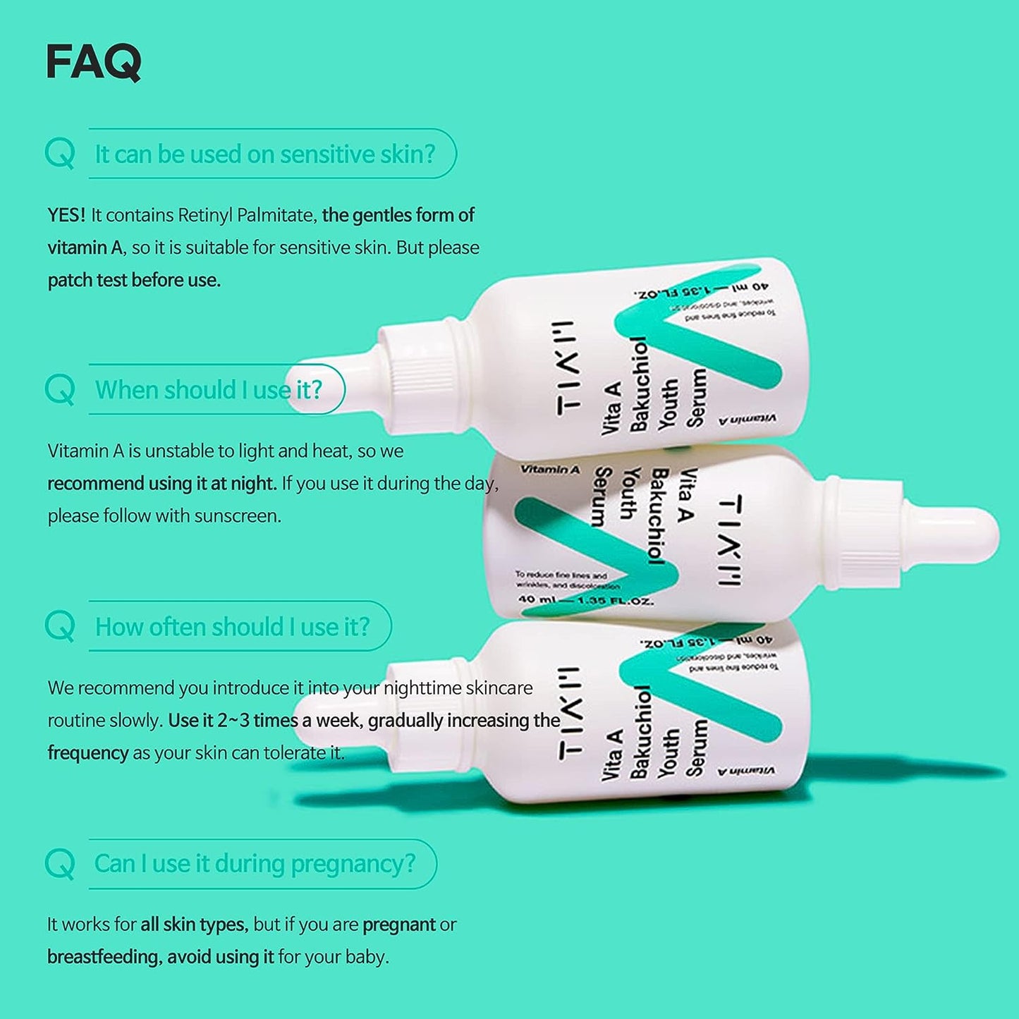 TIAM Vita A Bakuchiol Youth Serum, Anti-Aging Facial Serum for Wrinkles, Dark Spots, Suitable for Sensitive Skin, 1.35 FL.OZ. / 40ml