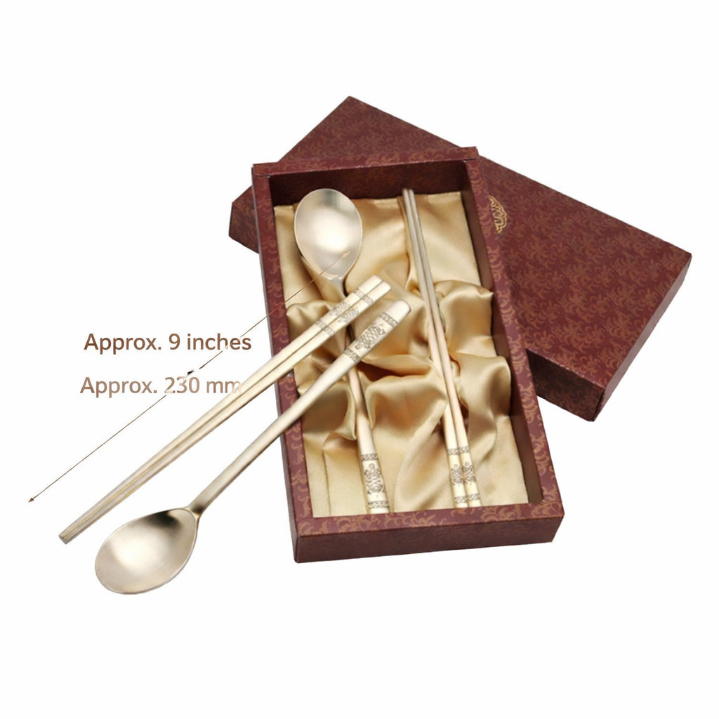 Premium Korean Traditional Brass Spoon & Chopsticks Gift Set, Light Gold Tableware Golden Bell
