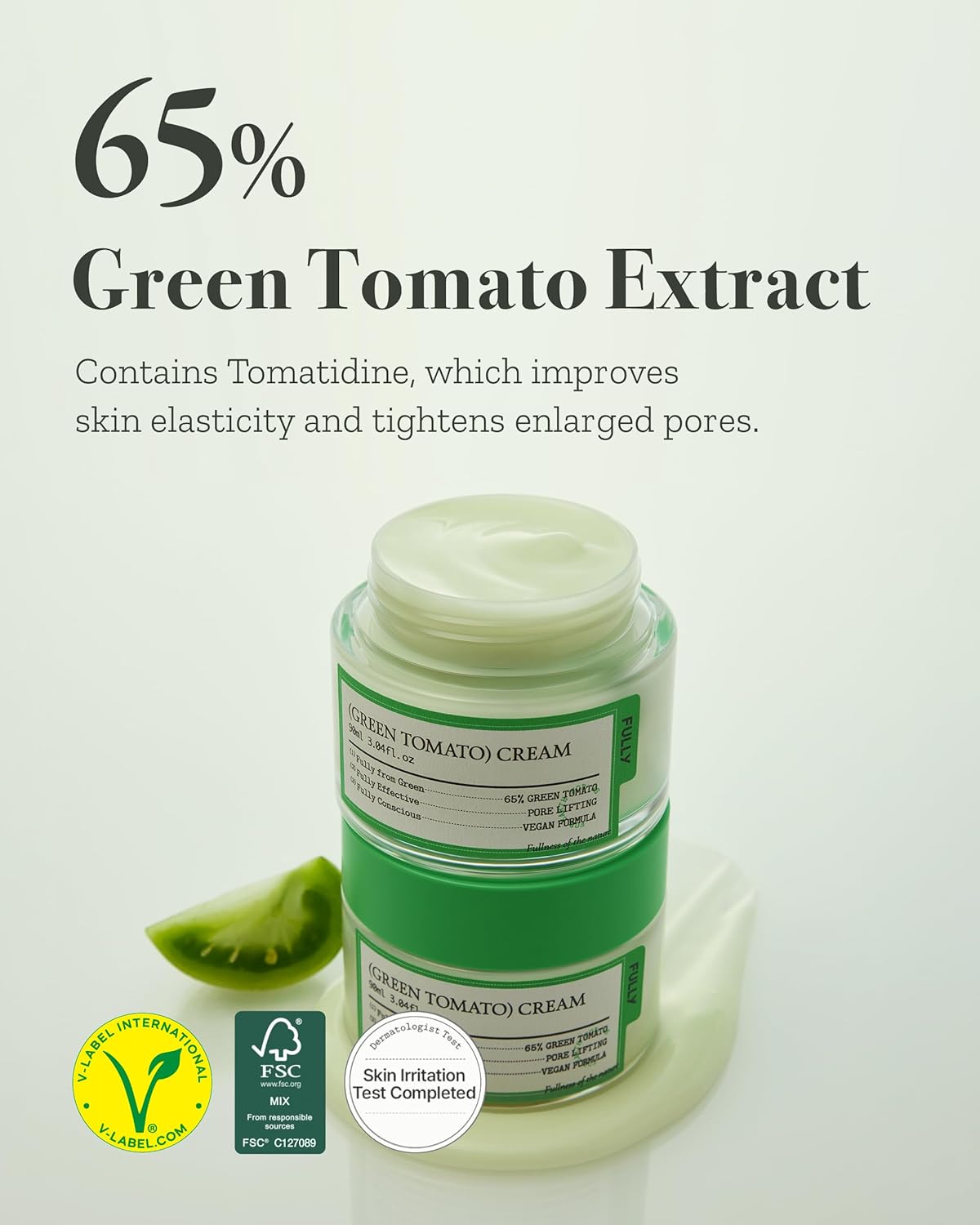 FULLY Green Tomato Facial Cream, Pore Lifting with 65% Green Tomato Extract and Vitamin C, Facial Moisturizer for Hydration and Elastcity, Fragrance Free, Vegan & Dermatologically Tested, 3.04 fl,oz