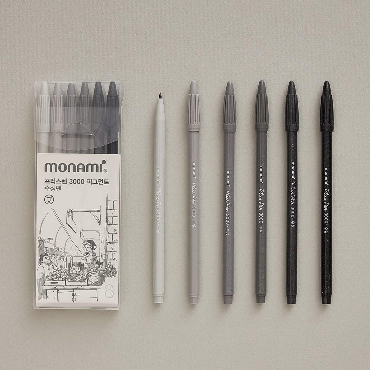 MONAMI PlusPen 3000 Precision Pigment Pen 6-Color Set, Professional Black & Gray Ink Drawing Pens, Made in Korea – Ideal for Sketching, Illustrations, and Technical Drawings