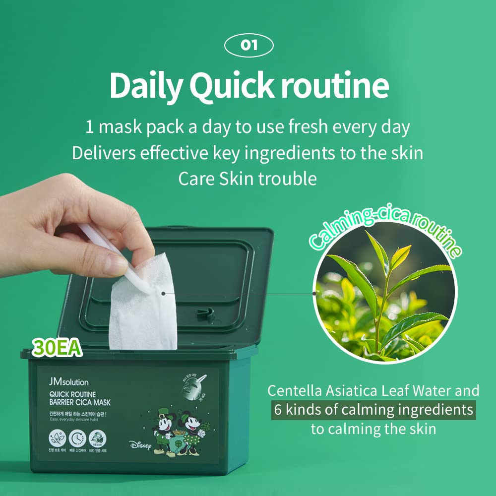 JM Solution Quick Routine Barrier Cica Facial Mask Sheet 30 EA- 1day 1 Mask Pick and Quick Dispenser Type- Cica Calming-Vegan Certified Sheet for All Skin