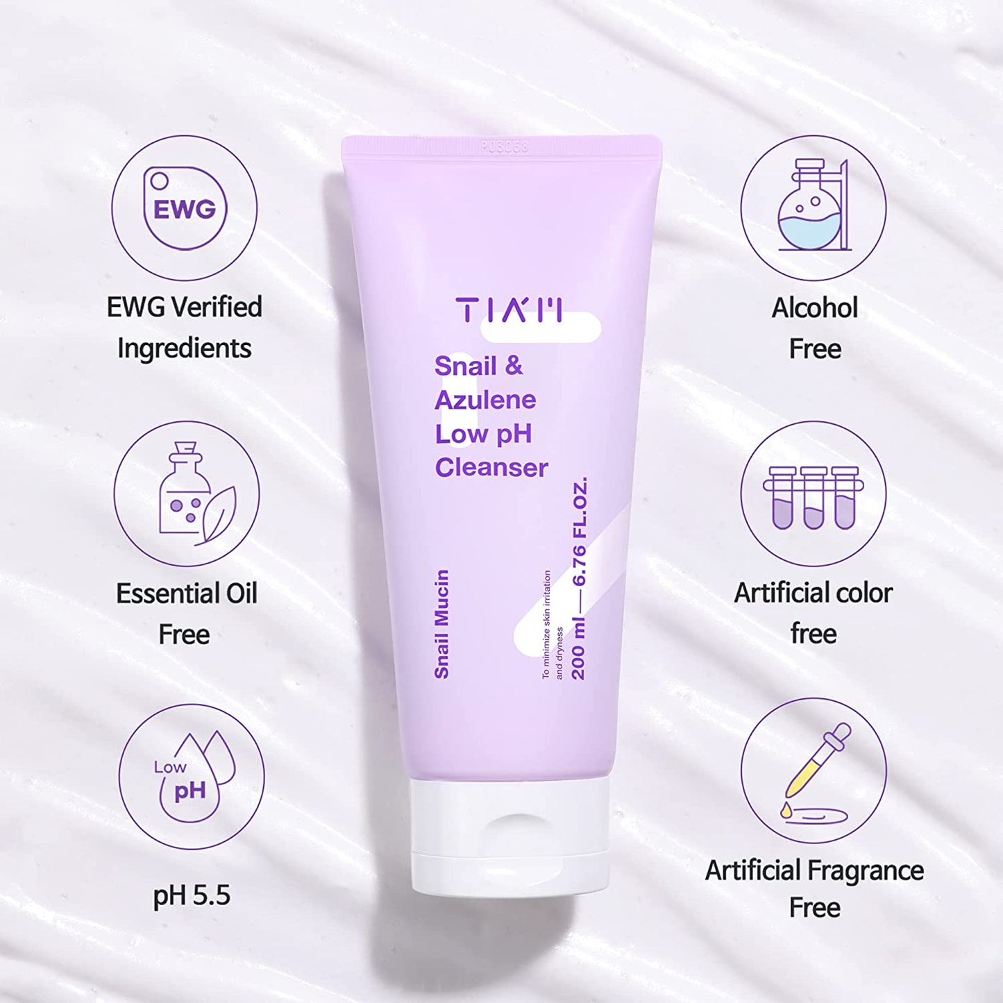 TIAM Snail&Azulene Low pH Cleanser, Gel Facial Cleanser, Snail Secretion Filtrate, pH Balancing, Anti Acne (200ml 6.76fl oz.)