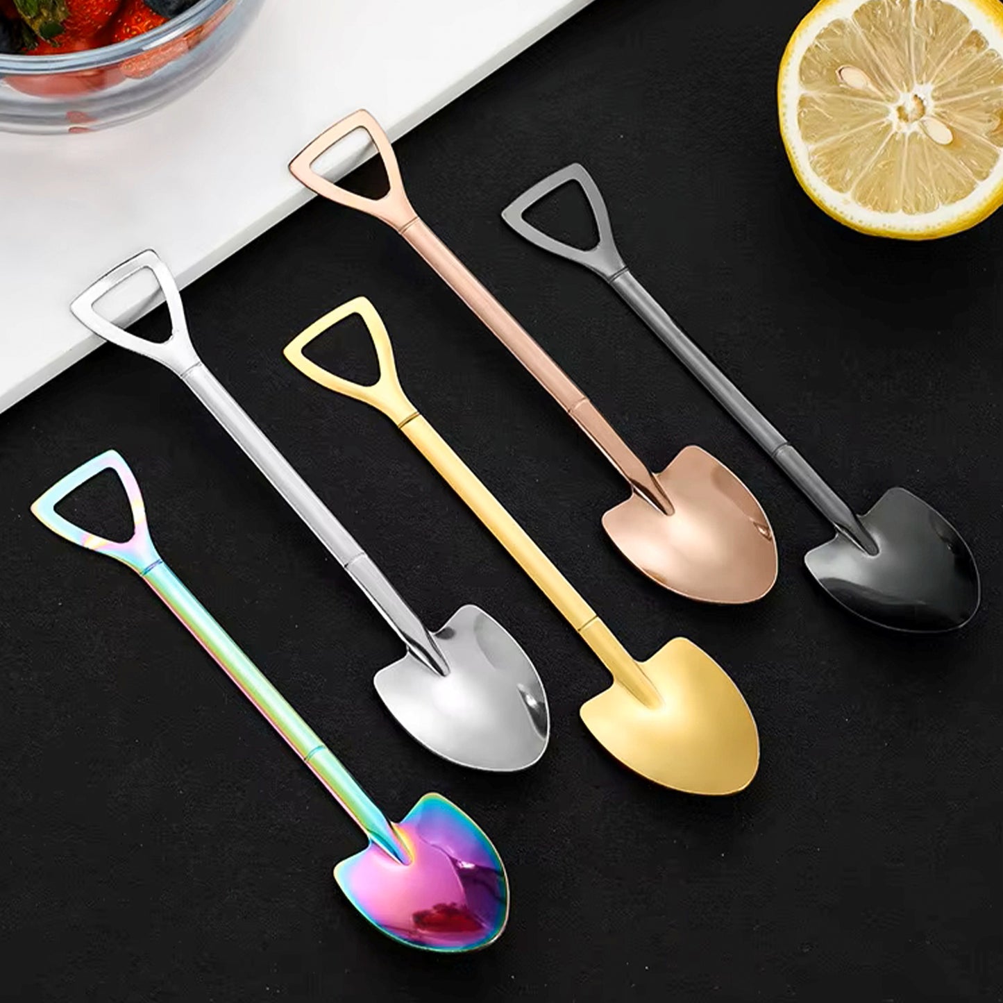 2 Pcs (1 Set) Stainless Steel Shovel Spoons – Reusable Mini Dessert Spoons for Coffee, Tea, Ice Cream, Fruit, Sugar & Cake, Cute Shovel-Shaped Silver Spoons for Kitchen and Party Use