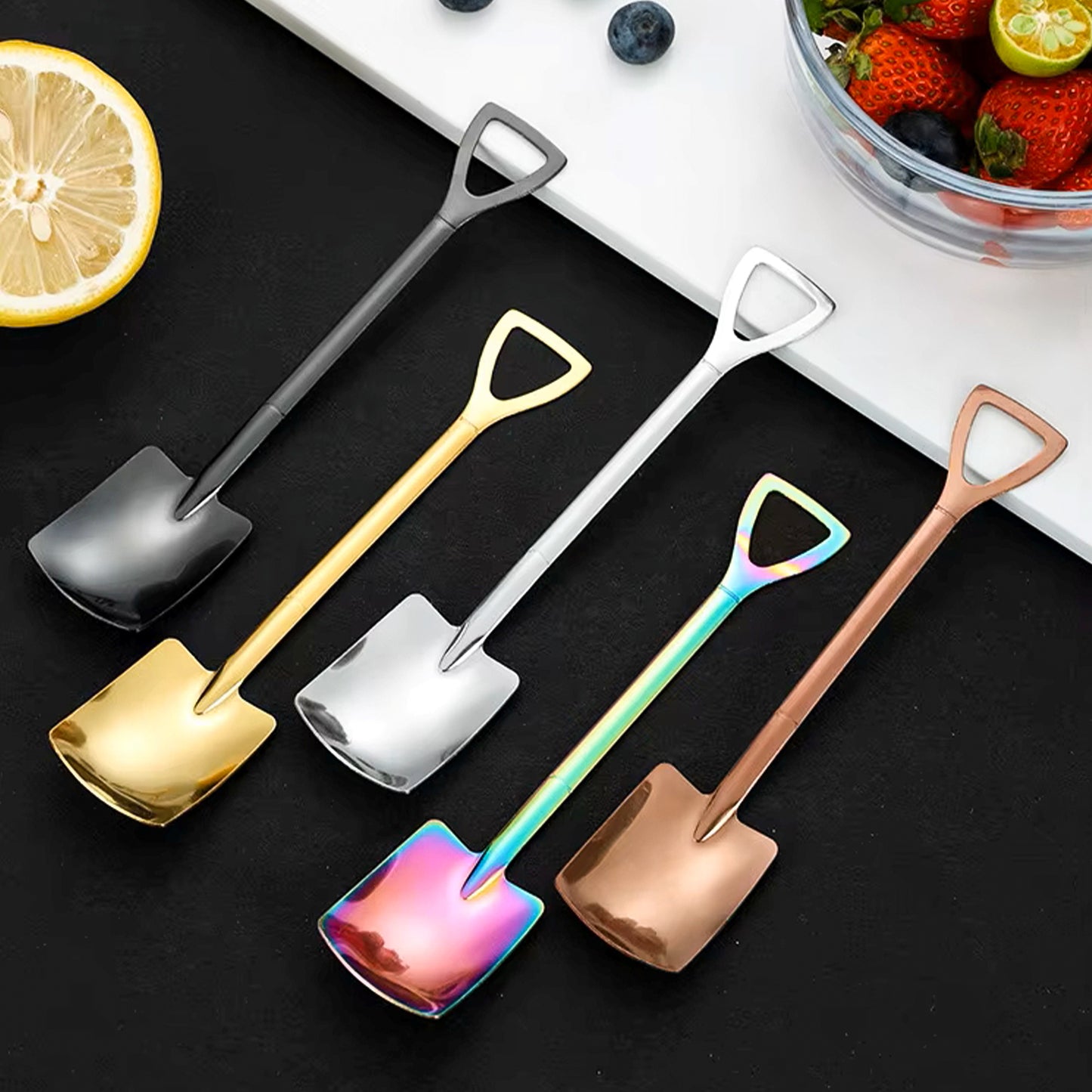 2 Pcs (1 Set) Stainless Steel Shovel Spoons – Reusable Mini Dessert Spoons for Coffee, Tea, Ice Cream, Fruit, Sugar & Cake, Cute Shovel-Shaped Silver Spoons for Kitchen and Party Use