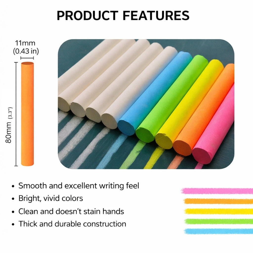 Premium Chalk Sticks – 5 Pack, Available in White or Neon Colors – Smooth Writing, Low Dust, Thick & Durable