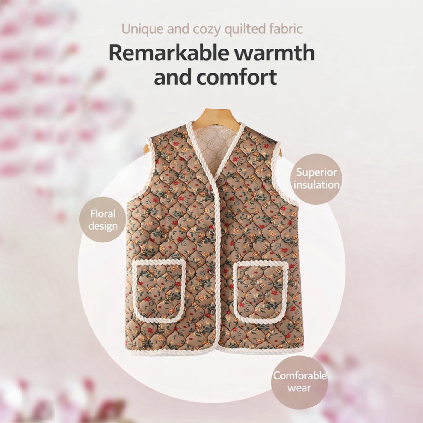 Korean Kimjang Vest, Retro Floral Quilted Design with Warm Fleece Lining, Sleeveless Winter Vest for Kimchi Making and Daily Wear