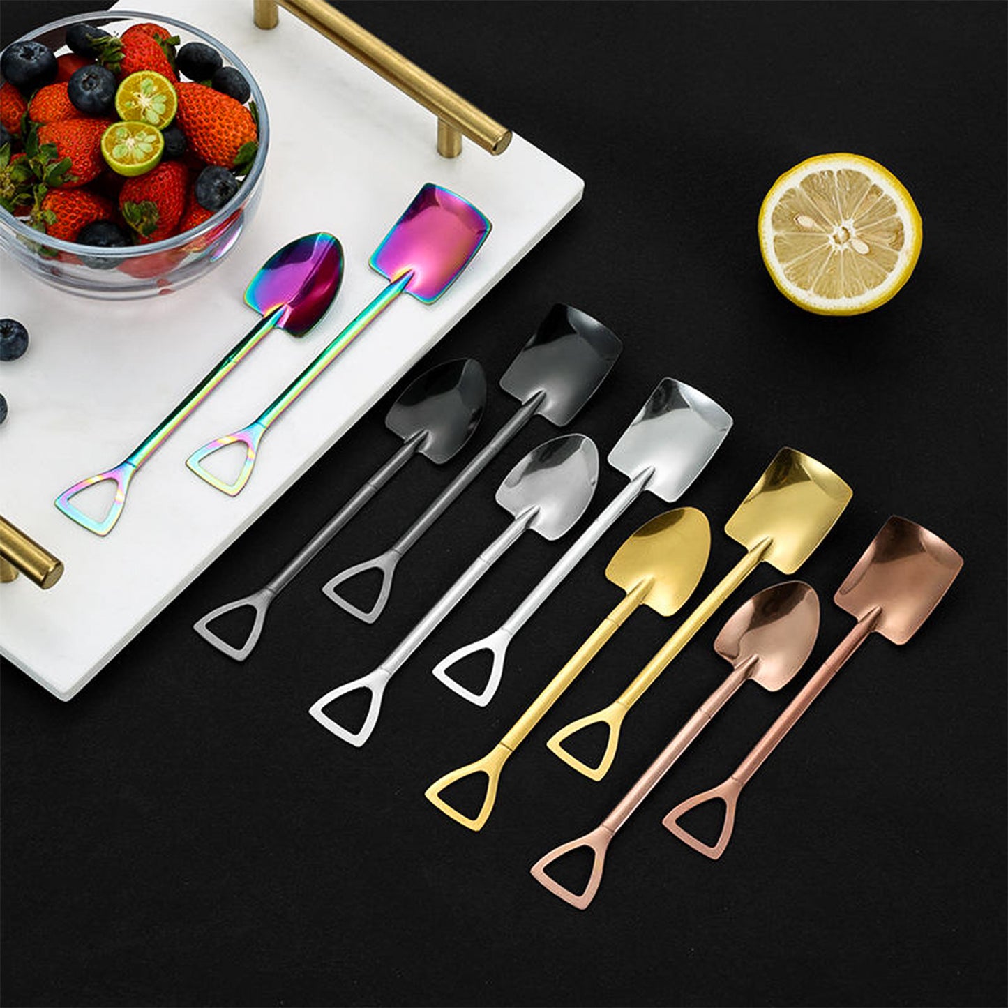 2 Pcs (1 Set) Stainless Steel Shovel Spoons – Reusable Mini Dessert Spoons for Coffee, Tea, Ice Cream, Fruit, Sugar & Cake, Cute Shovel-Shaped Silver Spoons for Kitchen and Party Use