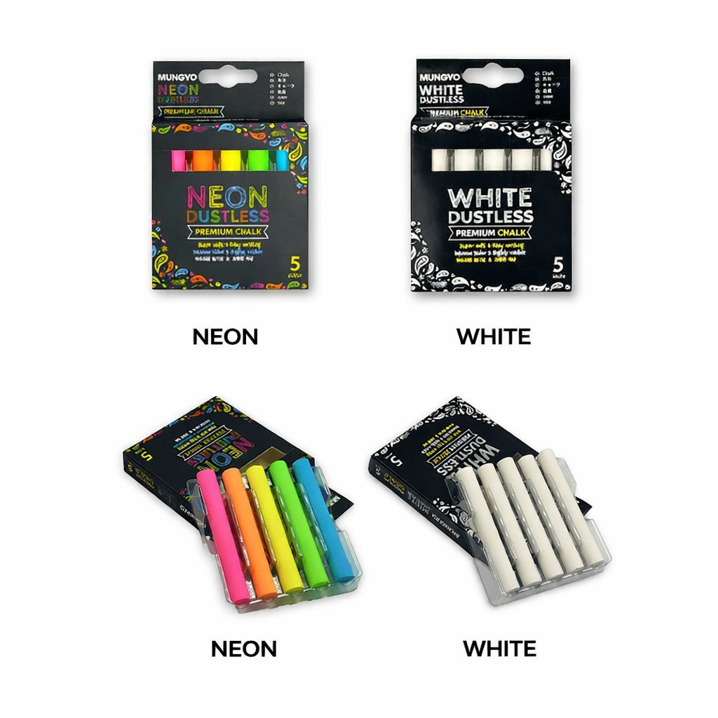 Premium Chalk Sticks – 5 Pack, Available in White or Neon Colors – Smooth Writing, Low Dust, Thick & Durable