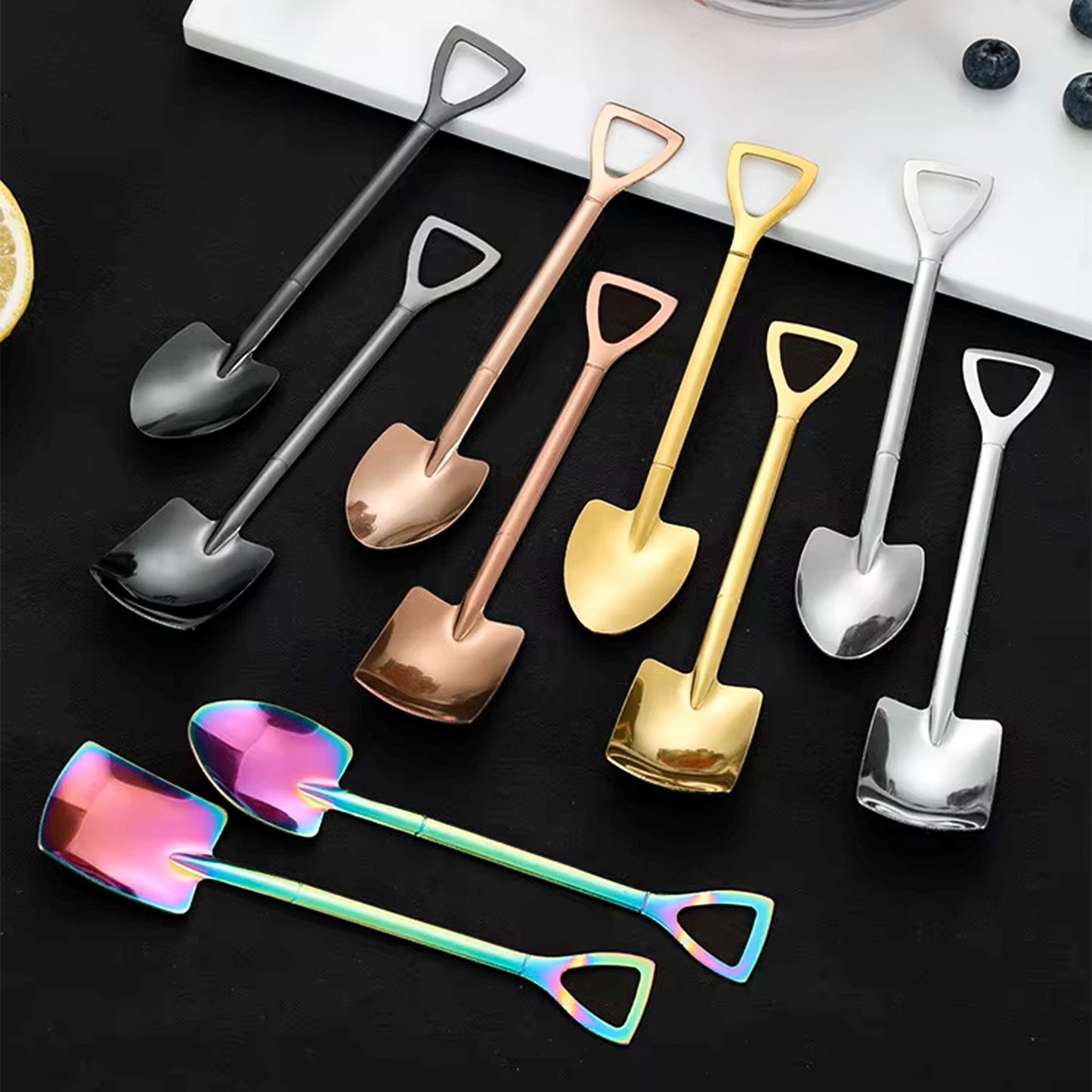 2 Pcs (1 Set) Stainless Steel Shovel Spoons – Reusable Mini Dessert Spoons for Coffee, Tea, Ice Cream, Fruit, Sugar & Cake, Cute Shovel-Shaped Silver Spoons for Kitchen and Party Use