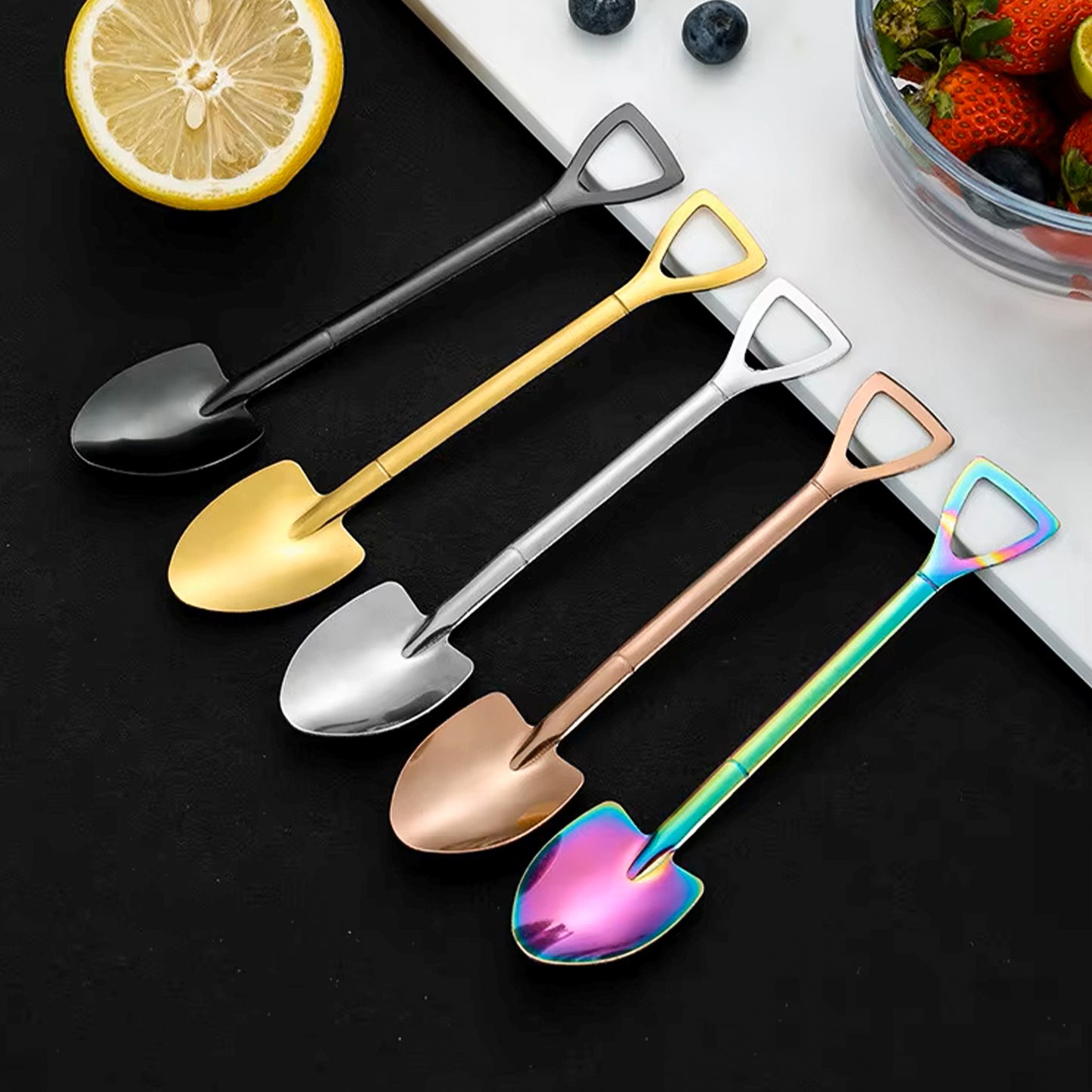 2 Pcs (1 Set) Stainless Steel Shovel Spoons – Reusable Mini Dessert Spoons for Coffee, Tea, Ice Cream, Fruit, Sugar & Cake, Cute Shovel-Shaped Silver Spoons for Kitchen and Party Use