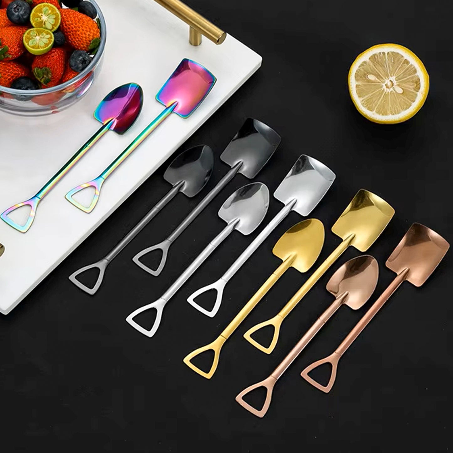 2 Pcs (1 Set) Stainless Steel Shovel Spoons – Reusable Mini Dessert Spoons for Coffee, Tea, Ice Cream, Fruit, Sugar & Cake, Cute Shovel-Shaped Silver Spoons for Kitchen and Party Use