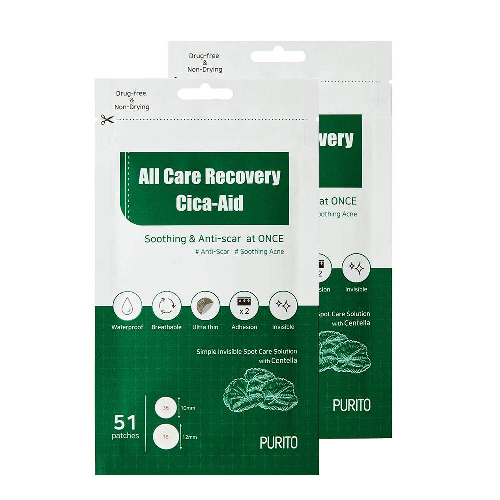PURITO All Care Recovery Cica-Aid 51 Patches Pack of 2, Blemish Spot, Acne Pimple spot treatment, Hydrocolloid Dots, Acne Patch, Pimple Master, Absorbing Cover, Centella, Invisible, Healing Patch, Non-drying, Pimple Patches