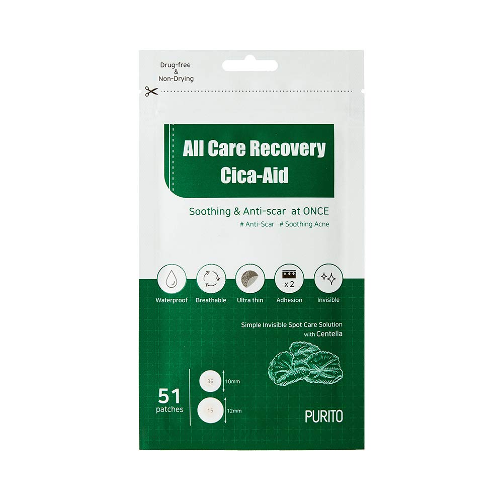 PURITO All Care Recovery Cica-Aid 51 Patches, Blemish Spot, Acne Pimple spot treatment, Hydrocolloid Dots, Acne Patch, Pimple Master, Absorbing Cover, Centella, Invisible, Healing Patch, Non-drying, Pimple Patches