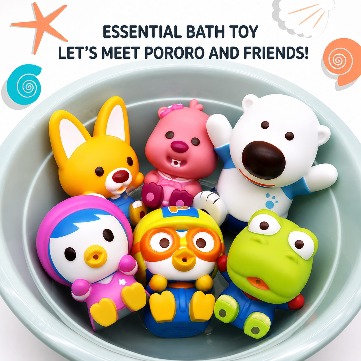 Pororo Friends Bath Toy Water Squirt 6PCS Set for Kids Baby Bathtub Water Play