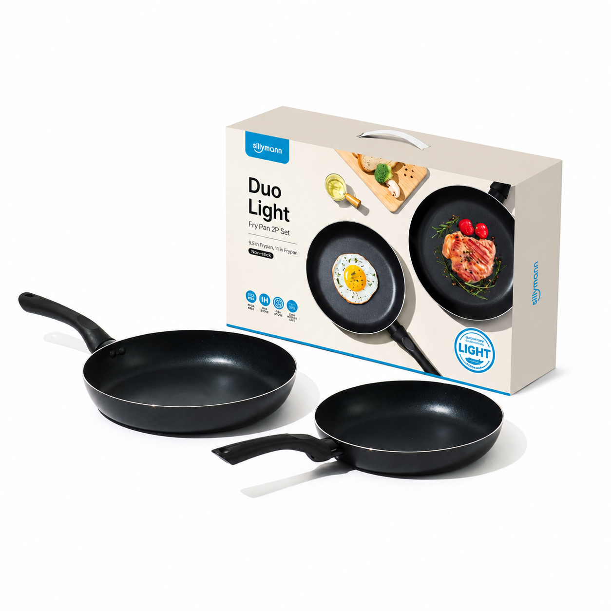 Sillymann Duo Light Fry Pan Set - Lightweight Nonstick Skillet Pans (9.5” & 11”) with Ergonomic Handle for All Cooktops