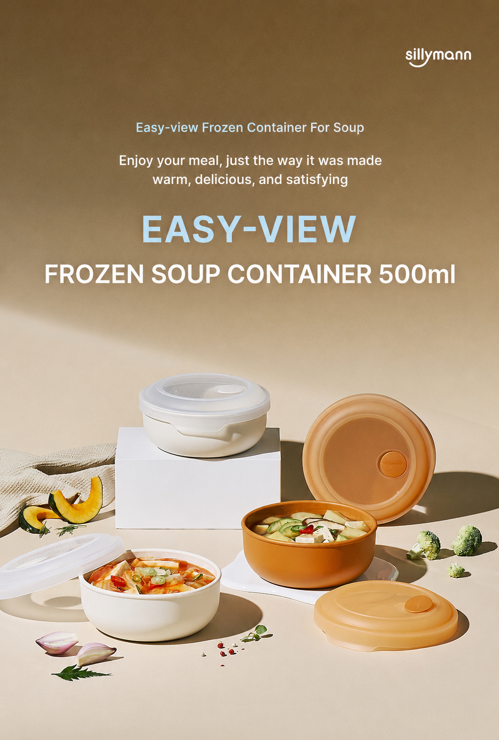 Sillymann Easy View Silicone Soup Container 16.9 oz (500ml) - Stackable Food Storage Container for Freezer & Microwave