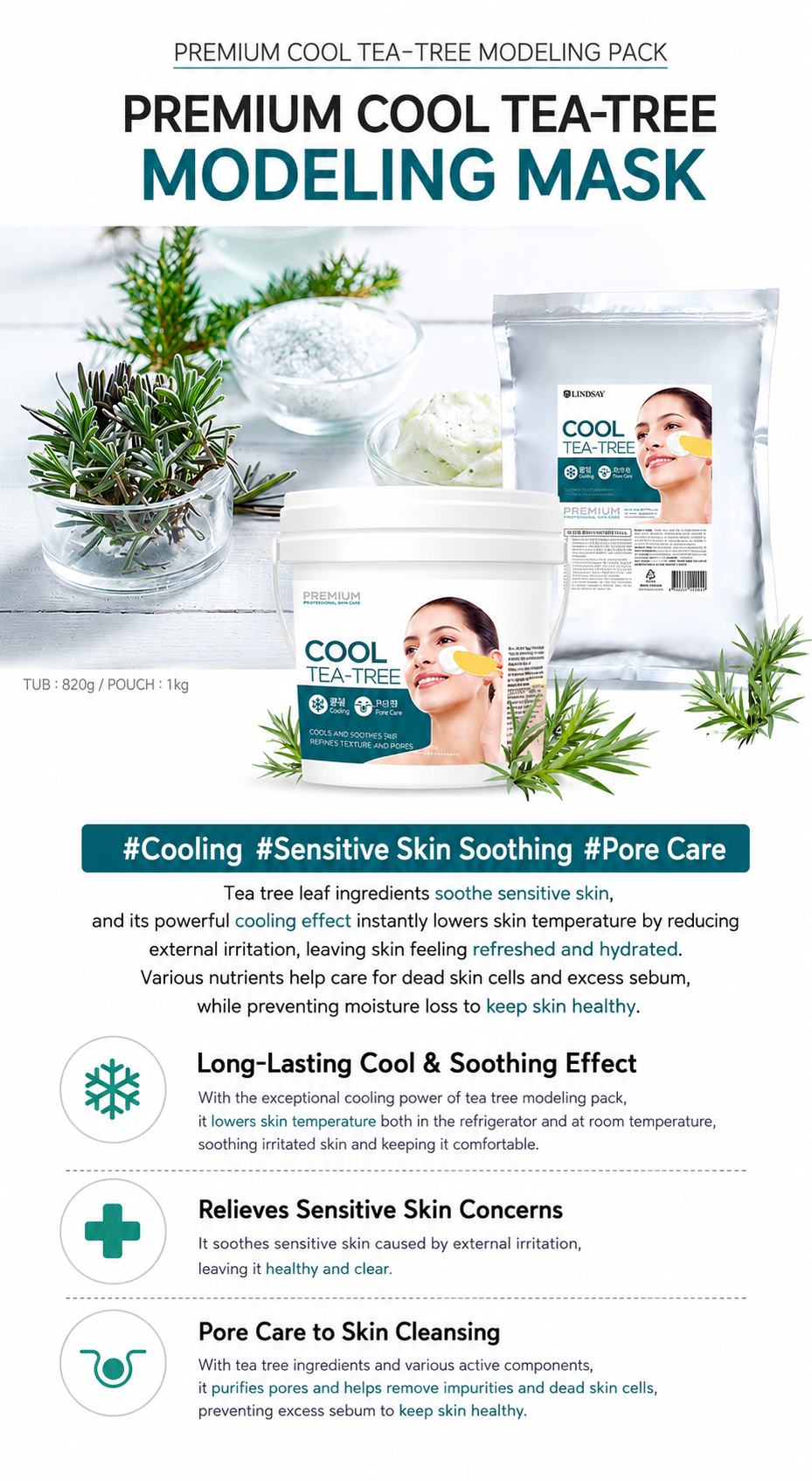 Lindsay Cool Tea Tree Modeling Mask Powder 2.2lb (1kg) – Korean Rubber Face Mask, Spa Facial Skin Care Pack