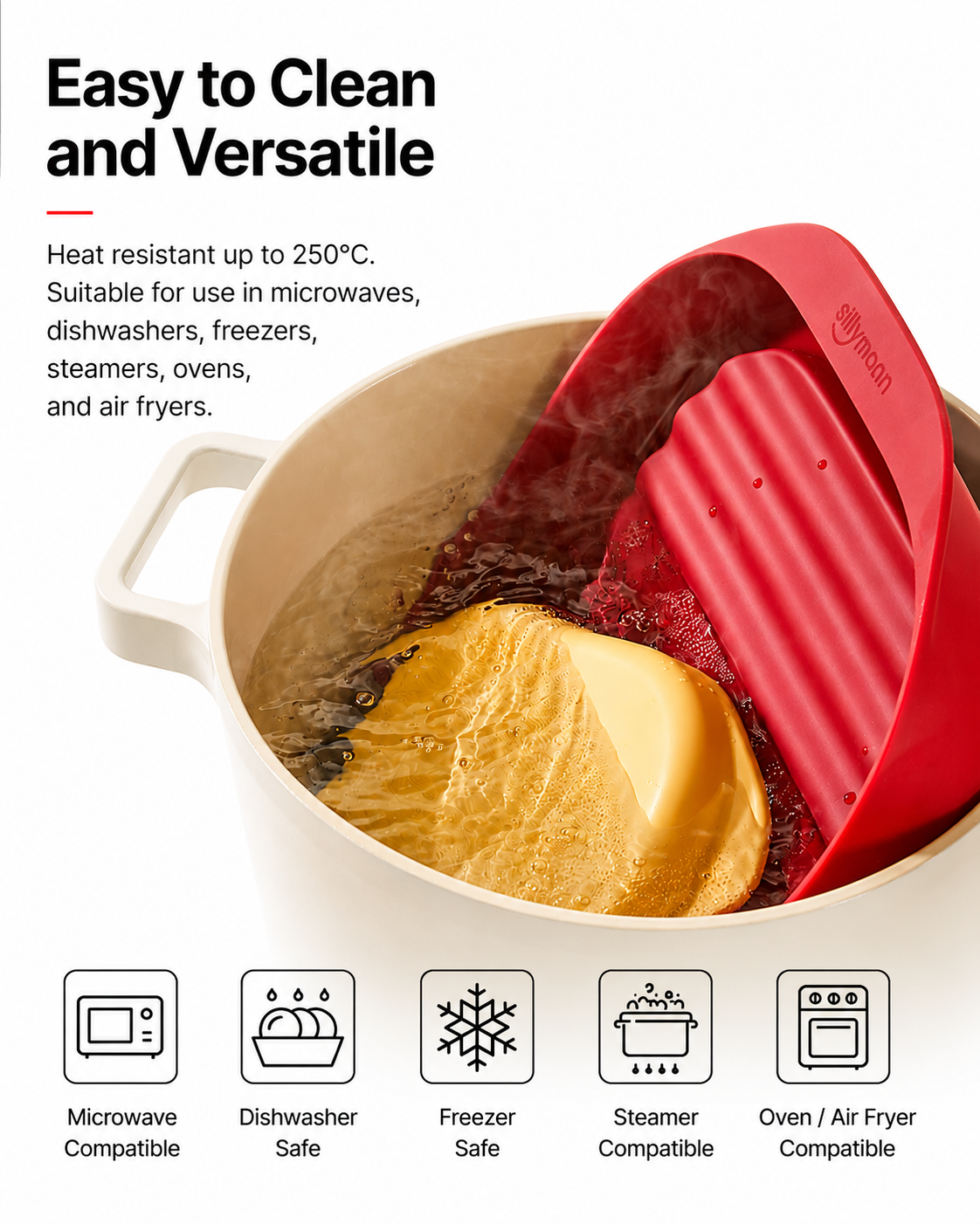 Sillymann Platinum Silicone Steamer Pot, 30 oz Food Steamer with Lid, Microwave, Oven & Air Fryer Safe