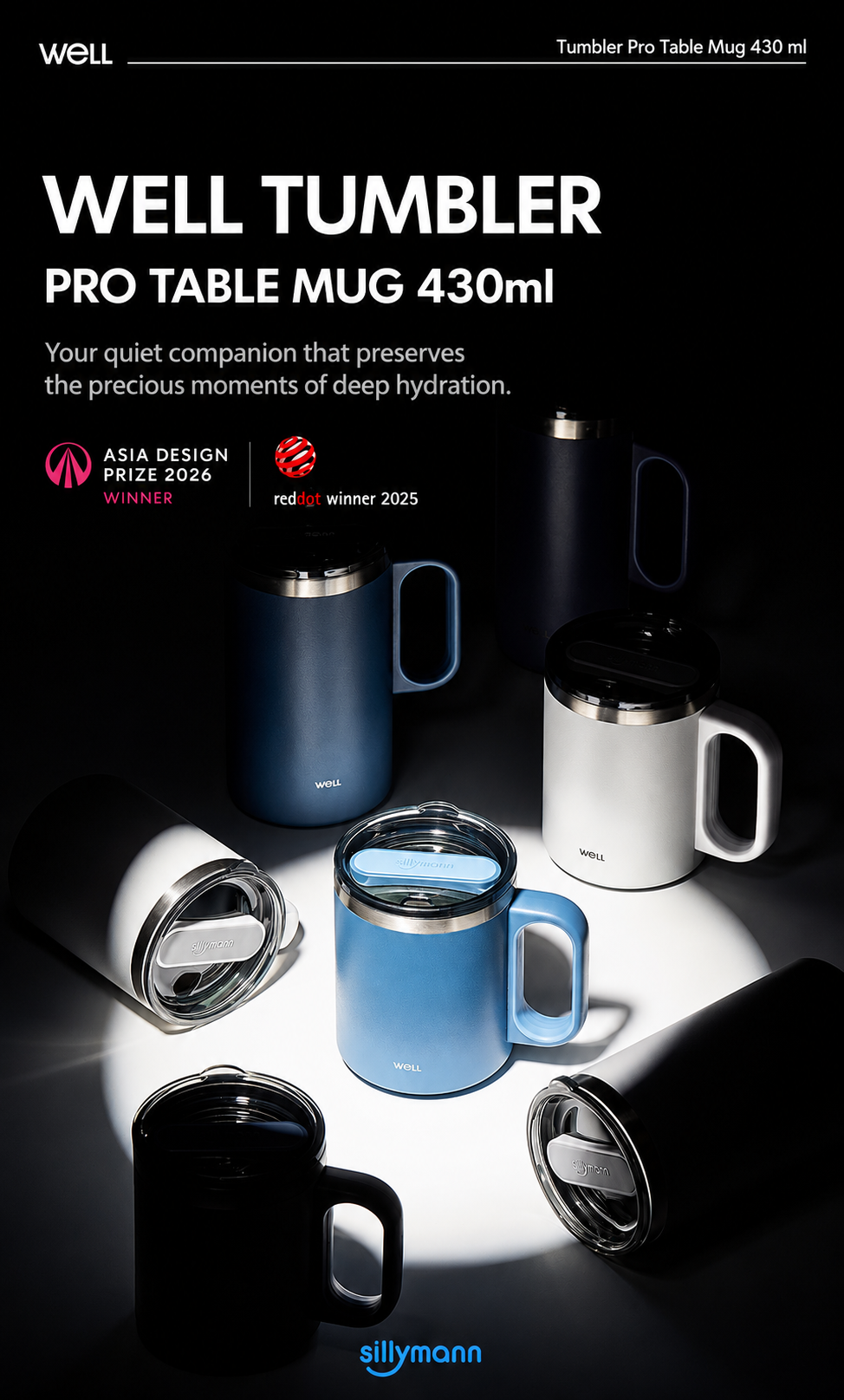 Sillymann Well Tumbler Pro Table Mug 14.5 oz, Vacuum Insulated Stainless Steel Coffee Mug with Handle for Hot & Cold Drinks