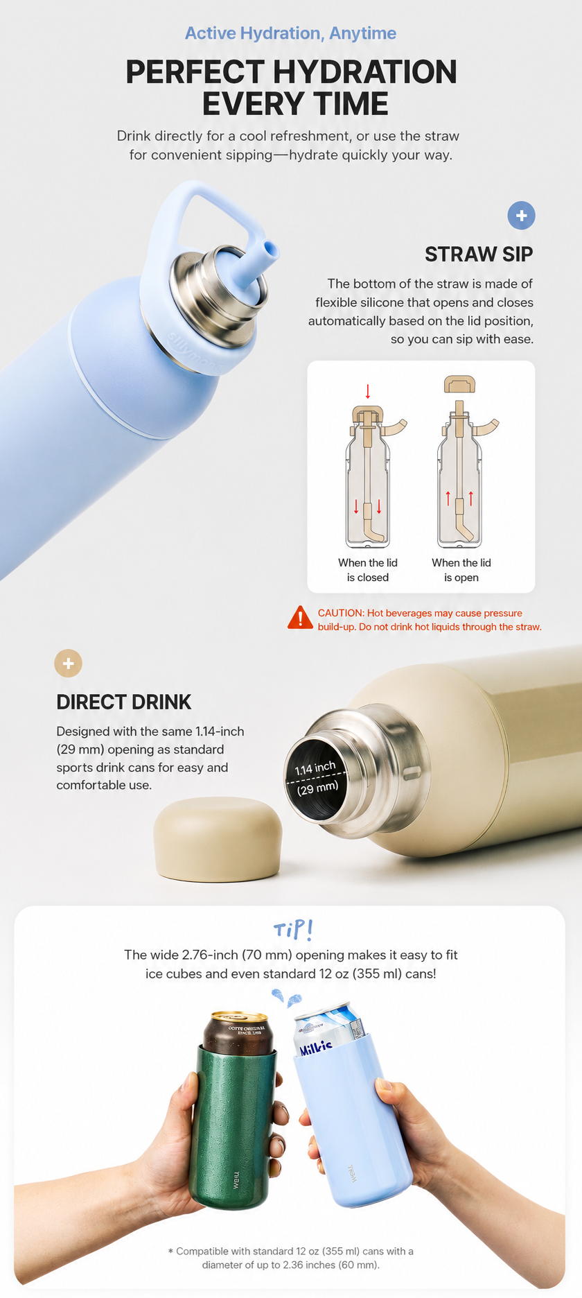 Sillymann WELL Athleisure Insulated Straw Water Bottle 27oz (800ml), Leak-Resistant Stainless Steel Cold Water Bottle, Wide Mouth