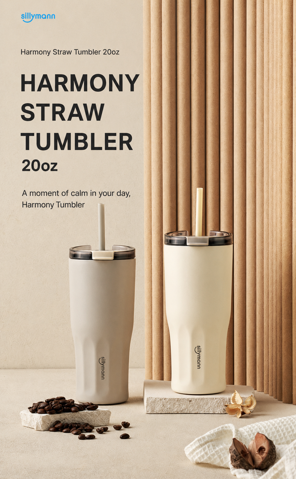 Sillymann Harmony Straw Tumbler 20oz (600ml), Vacuum Insulated Stainless Steel, Flip Lid