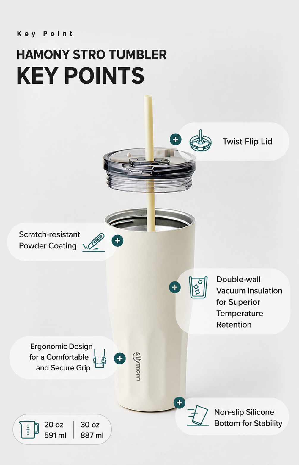 Sillymann Harmony Straw Tumbler 20oz (600ml), Vacuum Insulated Stainless Steel, Flip Lid