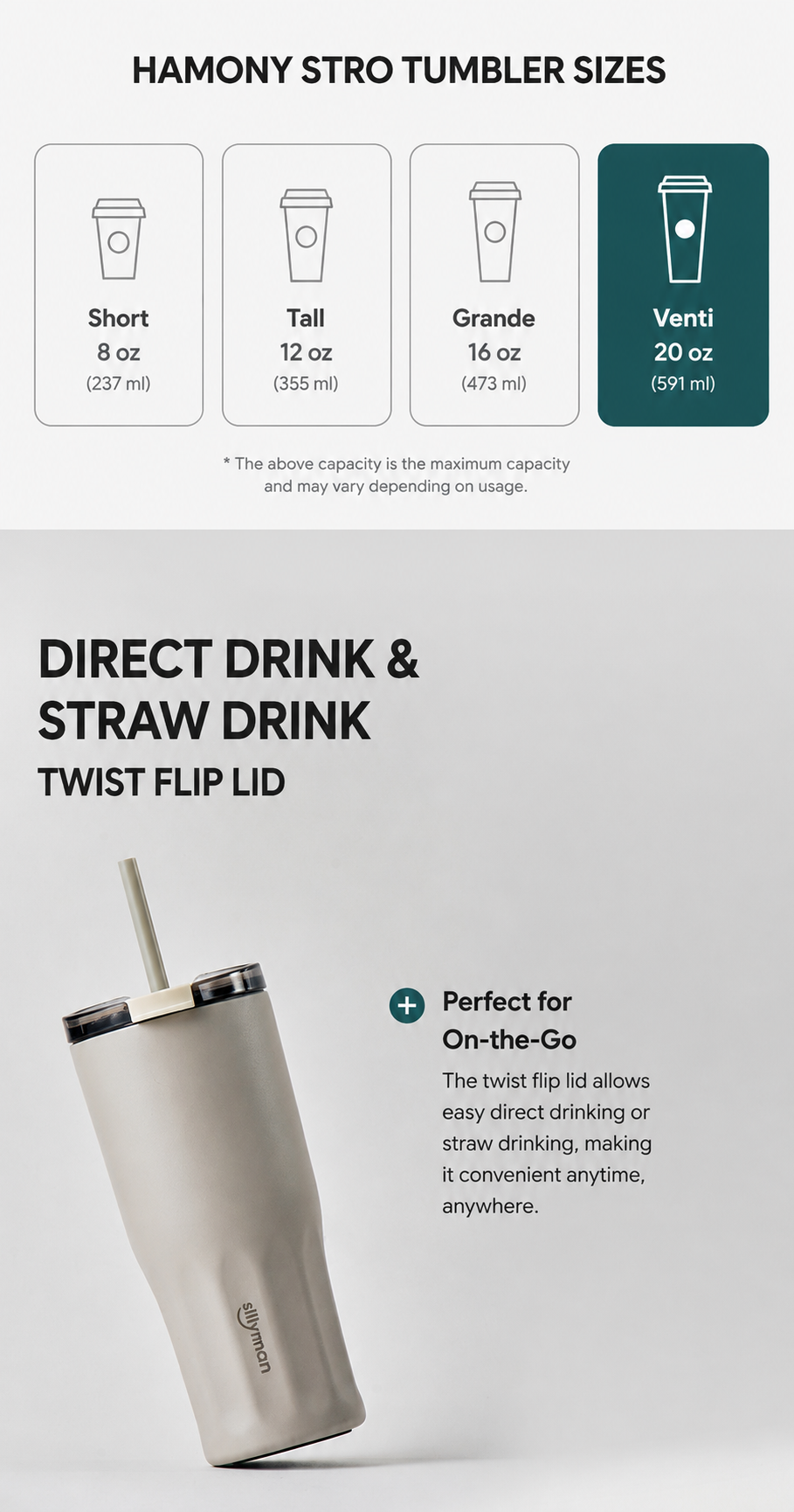 Sillymann Harmony Straw Tumbler 20oz (600ml), Vacuum Insulated Stainless Steel, Flip Lid