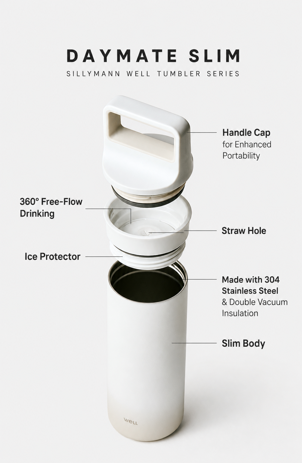 Sillymann WELL Daymate Slim Tumbler 22oz (670ml), Vacuum Insulated Stainless Steel Tumbler, Straw Lid, Carry Handle