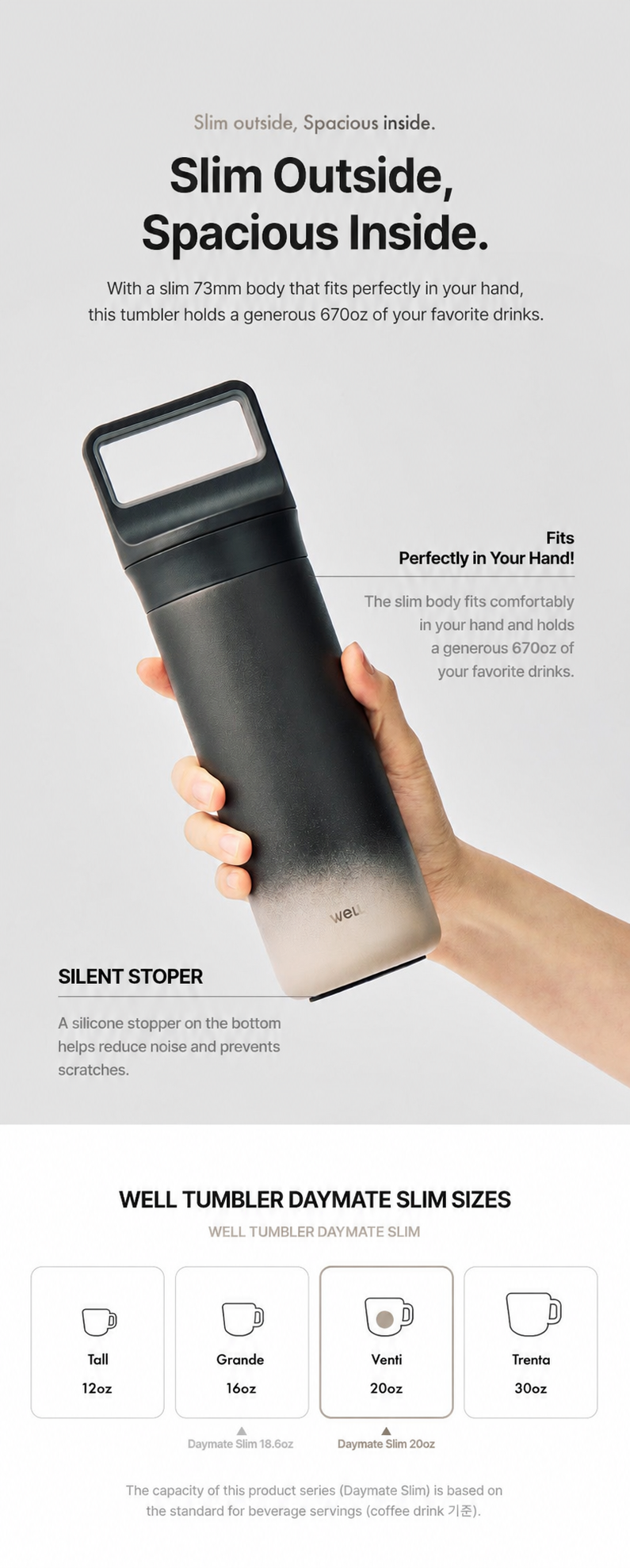 Sillymann WELL Daymate Slim Tumbler 22oz (670ml), Vacuum Insulated Stainless Steel Tumbler, Straw Lid, Carry Handle