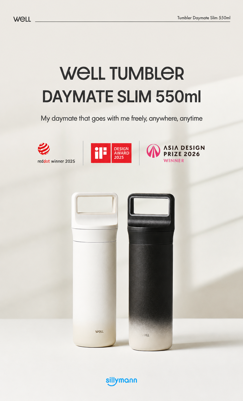Sillymann Daymate Slim Tumbler 18.6 oz, Vacuum Insulated Stainless Steel Travel Mug with Handle, Straw & Sip Lid