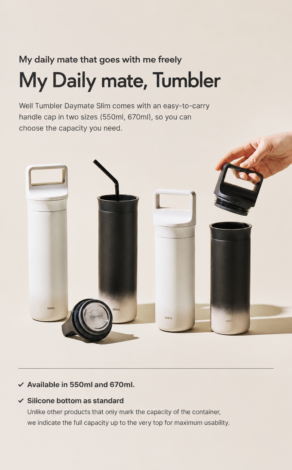 Sillymann Daymate Slim Tumbler 18.6 oz, Vacuum Insulated Stainless Steel Travel Mug with Handle, Straw & Sip Lid
