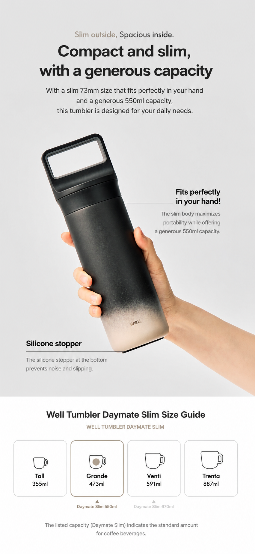 Sillymann Daymate Slim Tumbler 18.6 oz, Vacuum Insulated Stainless Steel Travel Mug with Handle, Straw & Sip Lid