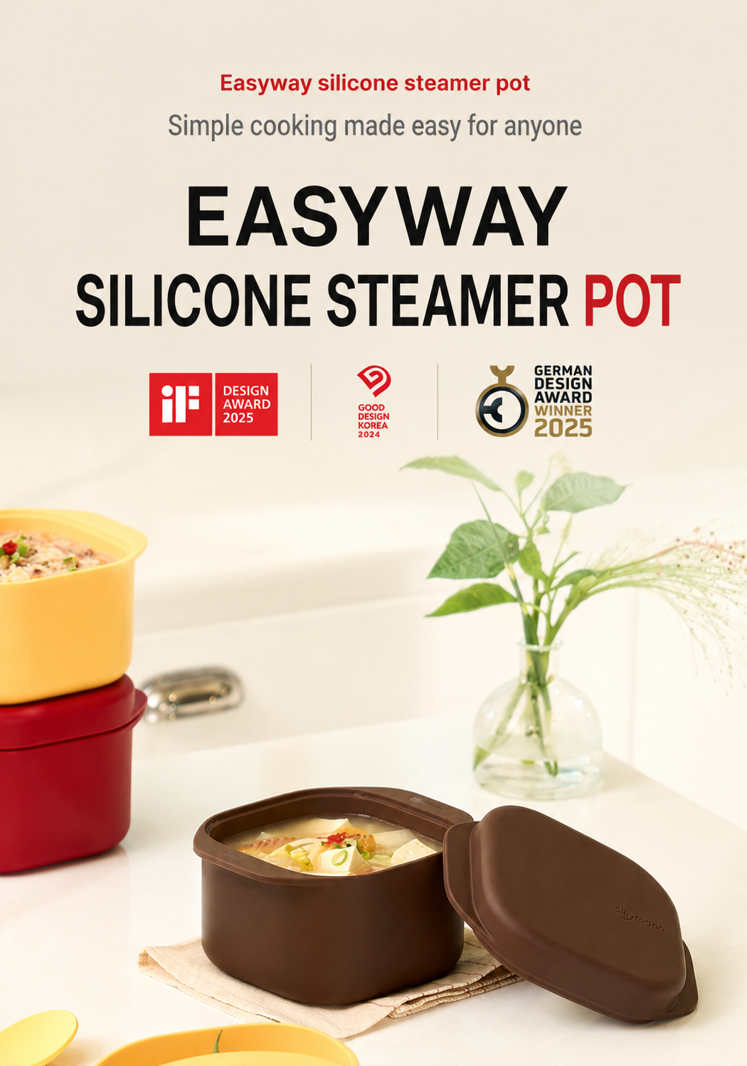 Sillymann Platinum Silicone Steamer Pot, 30 oz Food Steamer with Lid, Microwave, Oven & Air Fryer Safe