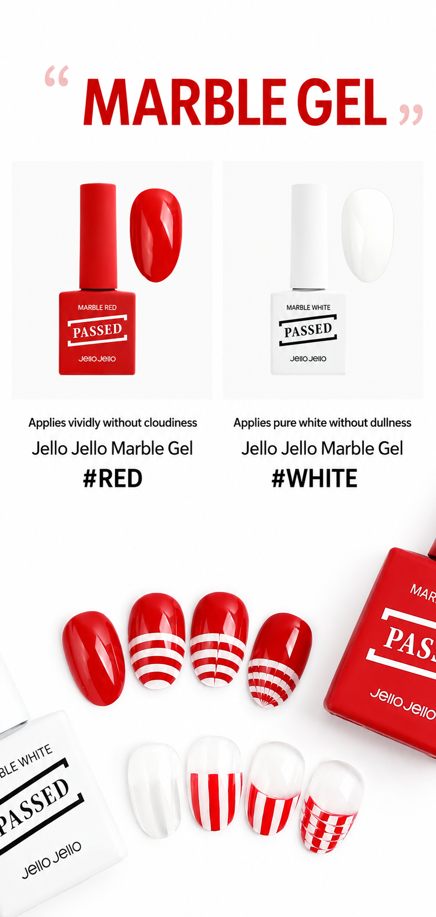 Jello Jello Non Wipe Type Marble Nail Gel Red White Art Brush Dual Brush Set