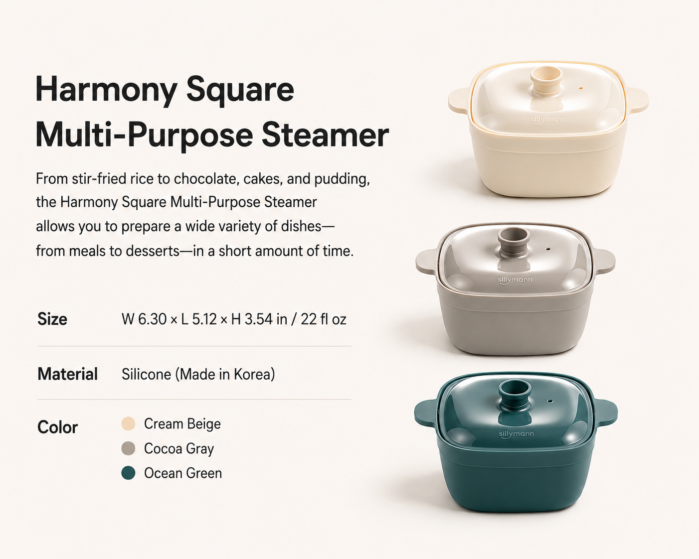 Sillymann Harmony 22 oz Square Silicone Microwave Steamer, Reusable Food Cooker for Rice, Frozen Meals and Desserts, Dishwasher Safe