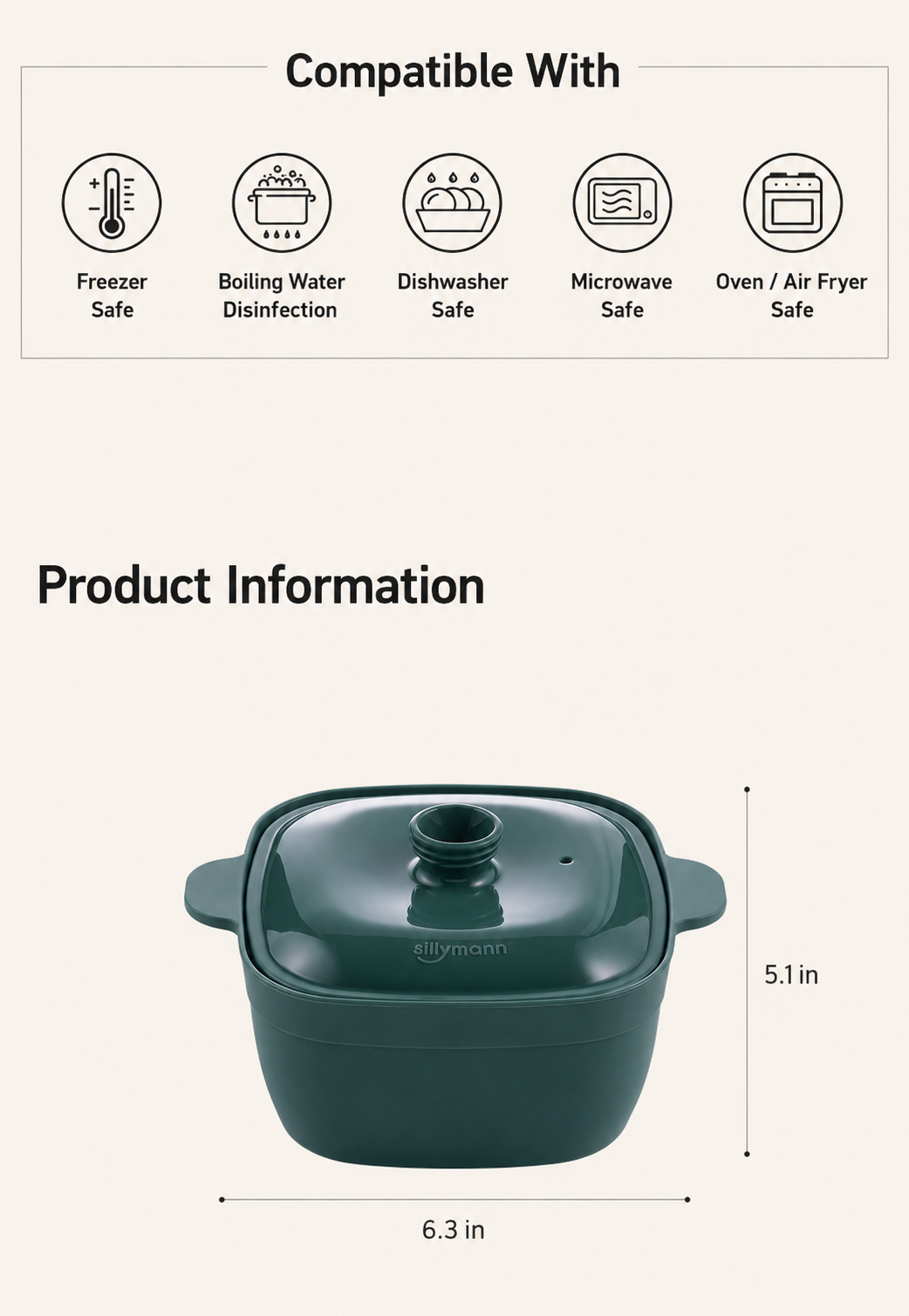 Sillymann Harmony 22 oz Square Silicone Microwave Steamer, Reusable Food Cooker for Rice, Frozen Meals and Desserts, Dishwasher Safe