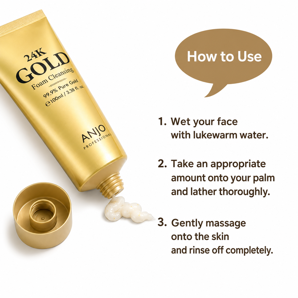 ANJO 24K Gold Foam Cleanser, Rich Bubble Korean Face Wash, 100ml