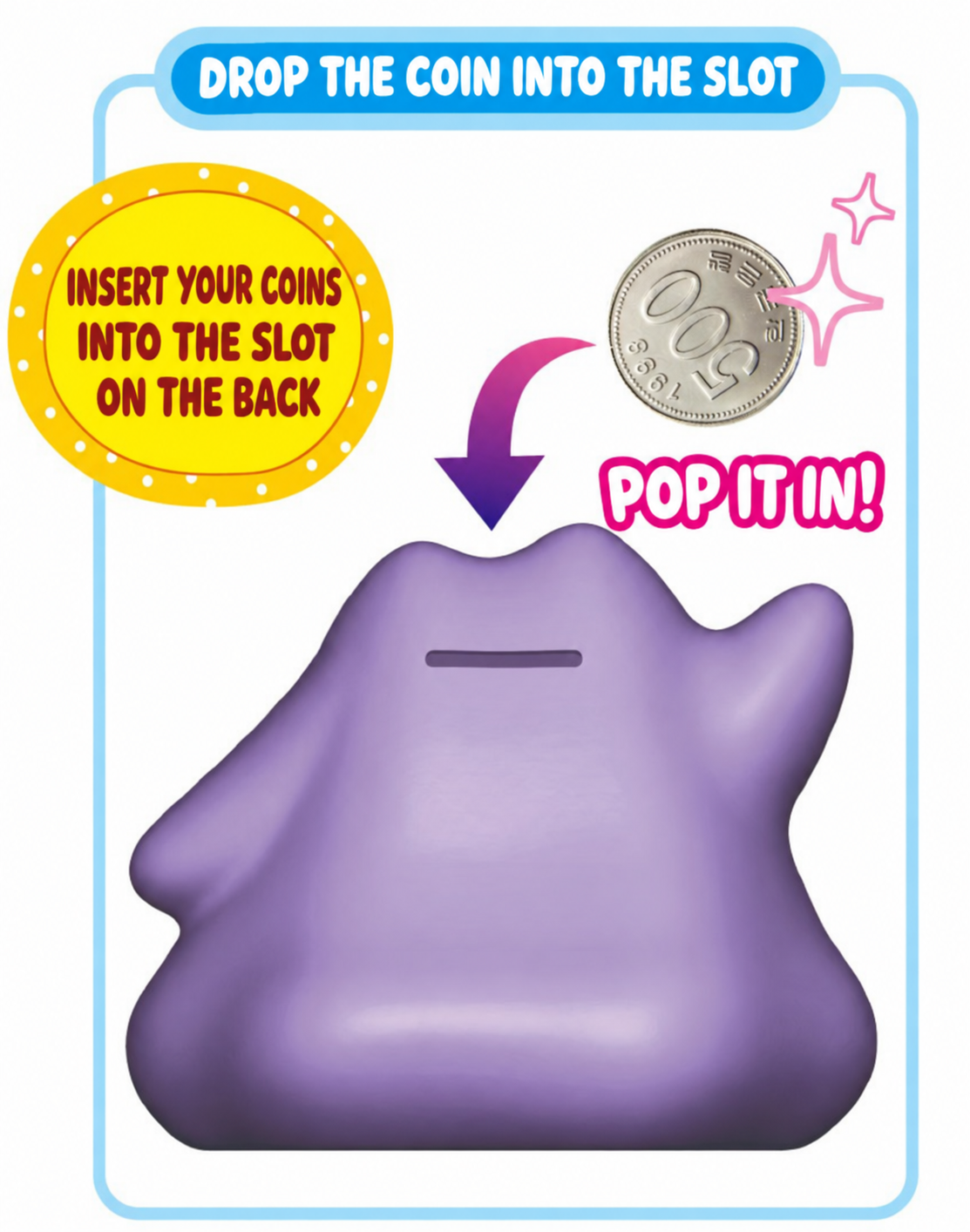 Metamong Coin Bank, Purple Character Savings Bank with Removable Bottom Cap, Room Decor, 16 x 12 x13 cm