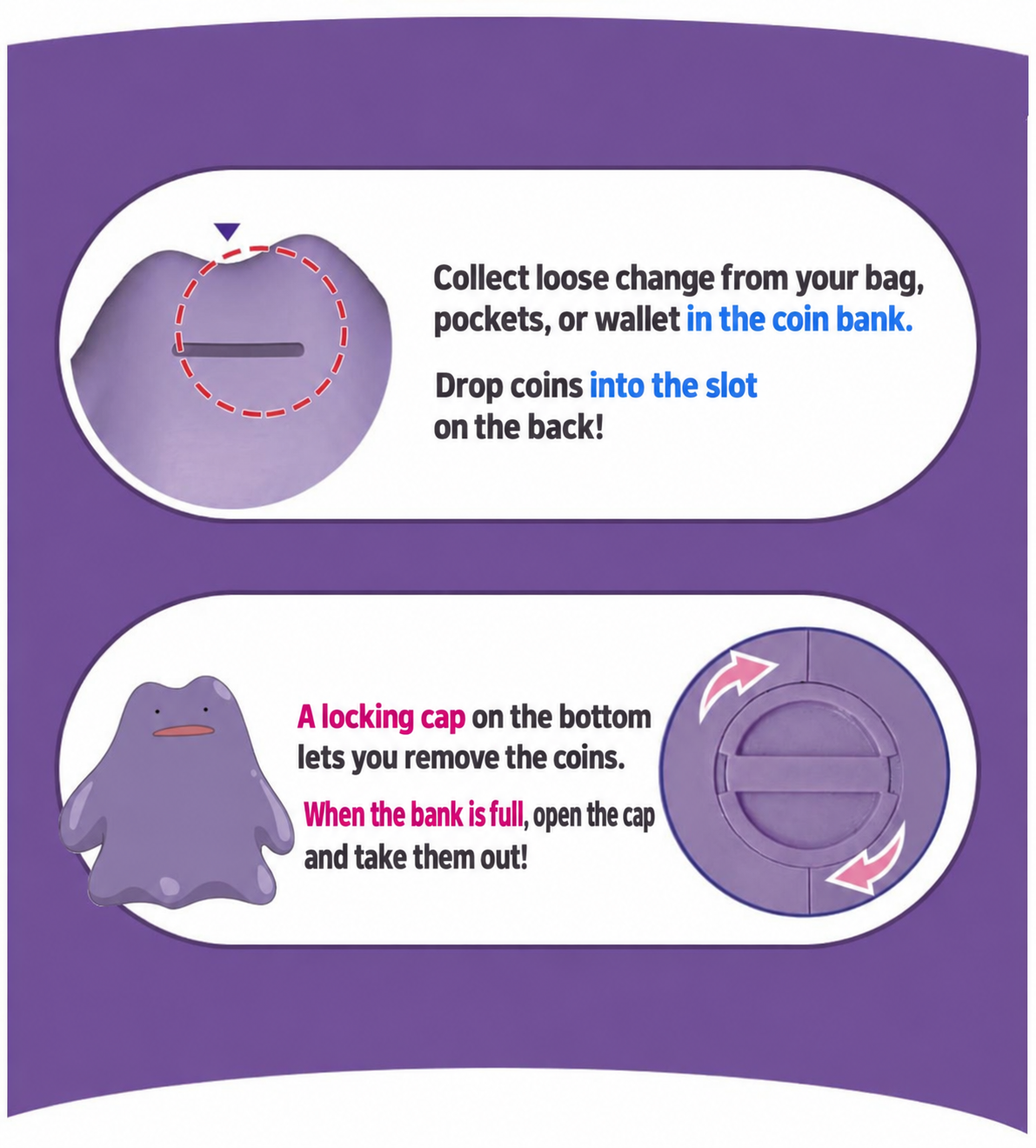 Metamong Coin Bank, Purple Character Savings Bank with Removable Bottom Cap, Room Decor, 16 x 12 x13 cm