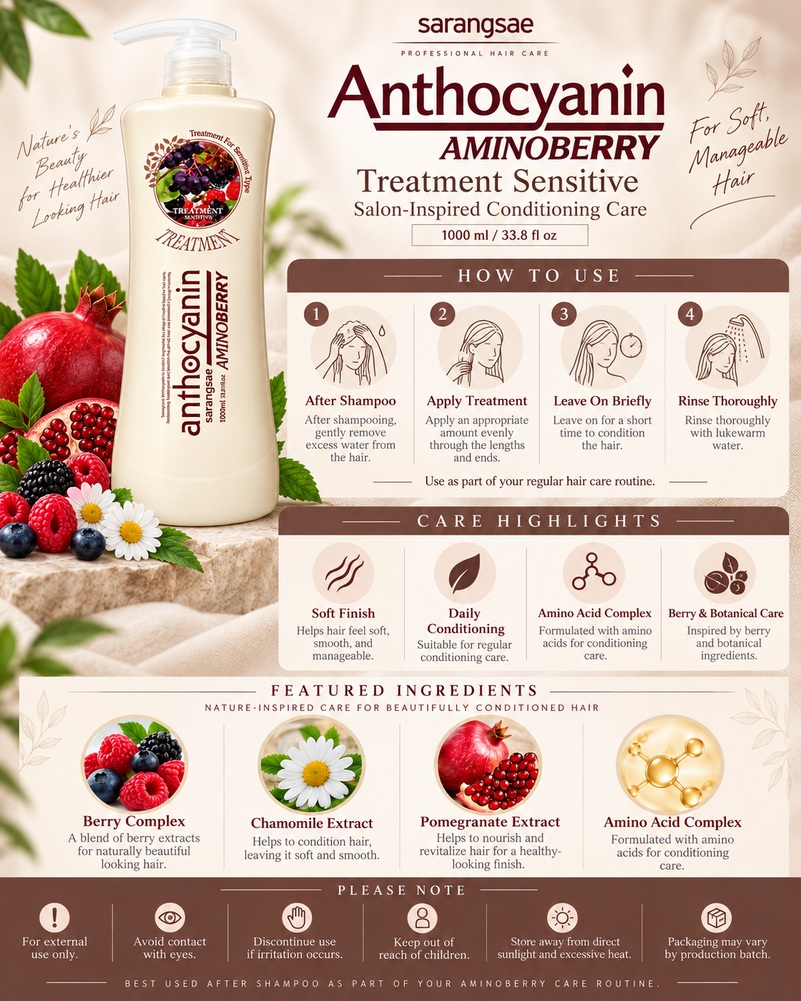 Sarangsae Anthocyanin Amino Berry Sensitive Shampoo or Treatment – 1000ml