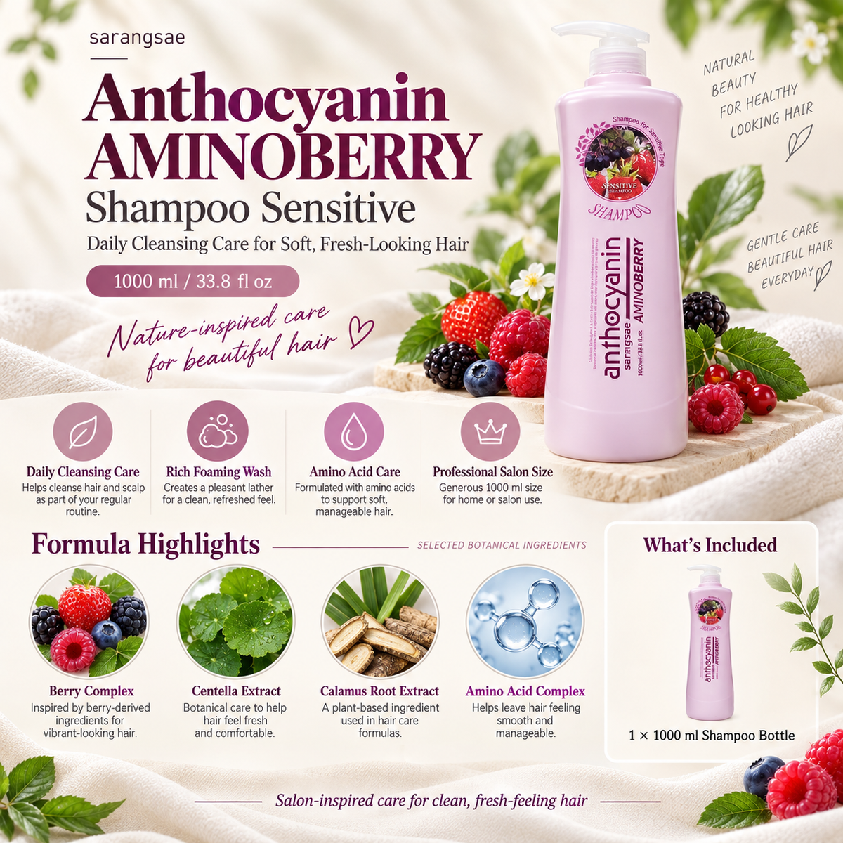 Sarangsae Anthocyanin Amino Berry Sensitive Shampoo or Treatment – 1000ml
