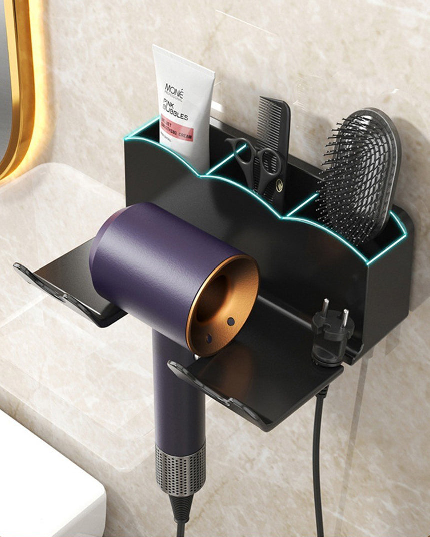 Hair Dryer Holder Wall Mount, No Drill Adhesive Bathroom Organizer, Storage Rack for Hair Dryer, Flat Iron & Curling Iron, Space Saving Vanity Holder