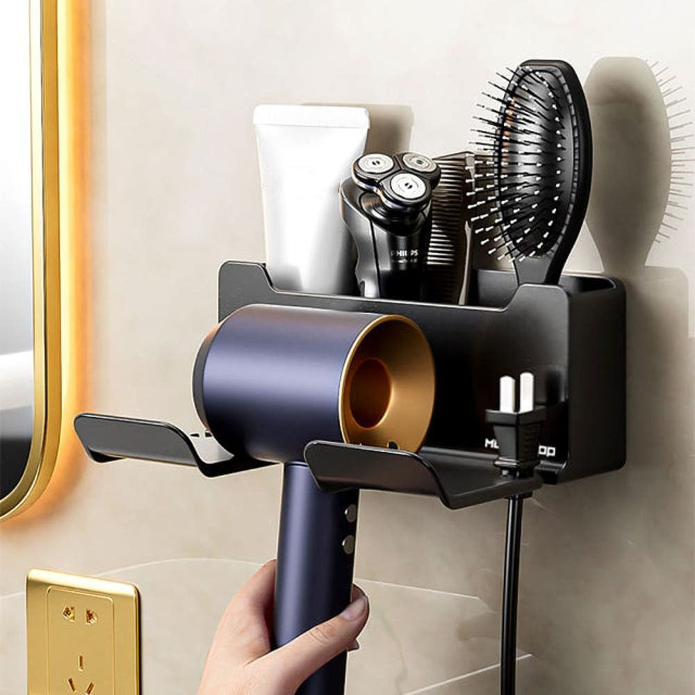 Hair Dryer Holder Wall Mount, No Drill Adhesive Bathroom Organizer, Storage Rack for Hair Dryer, Flat Iron & Curling Iron, Space Saving Vanity Holder