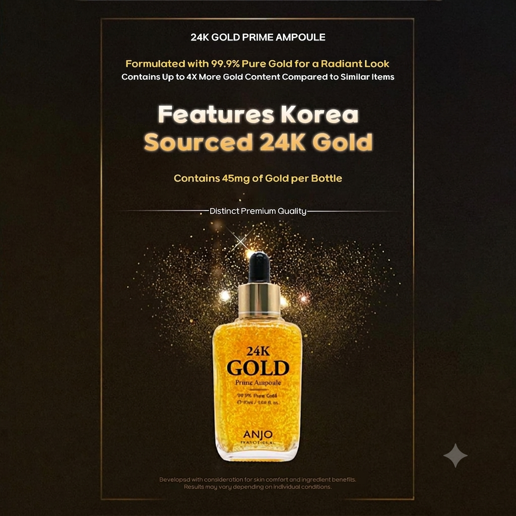 ANJO 24K Gold Prime Ampoule, Hydrating Facial Serum, 90ml – Luxury Gold Infused Hydrating Serum for Skin Care and Nourishment