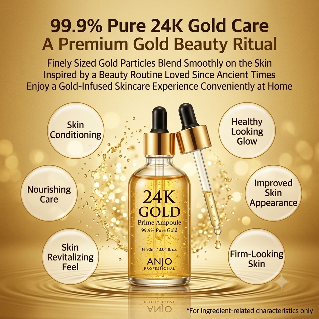 ANJO 24K Gold Prime Ampoule, Hydrating Facial Serum, 90ml – Luxury Gold Infused Hydrating Serum for Skin Care and Nourishment